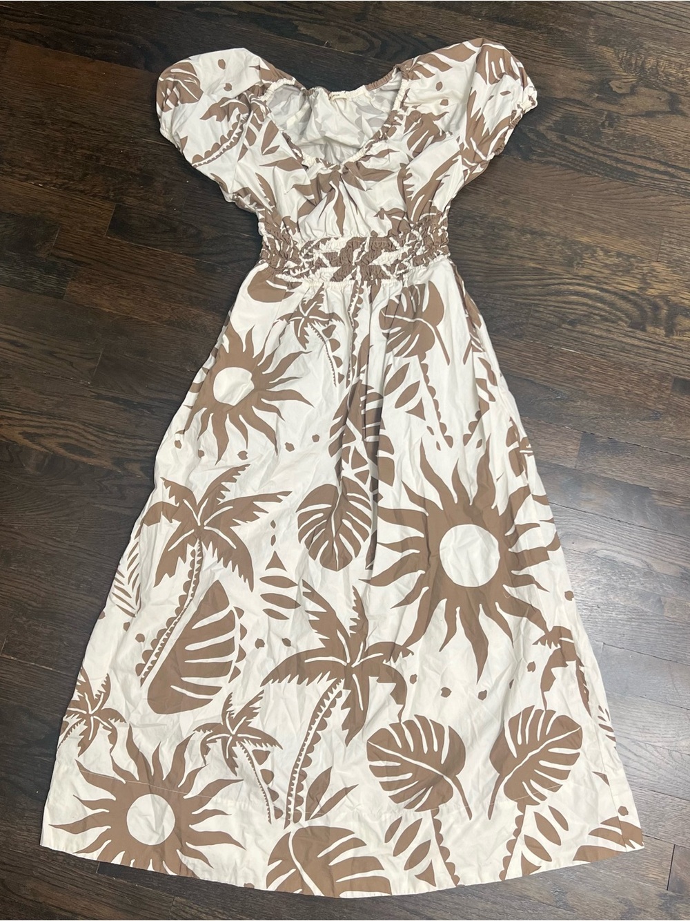 Marine Layer Brown Cream Tropical Print Smocked Cotton Maxi Dress Size S
